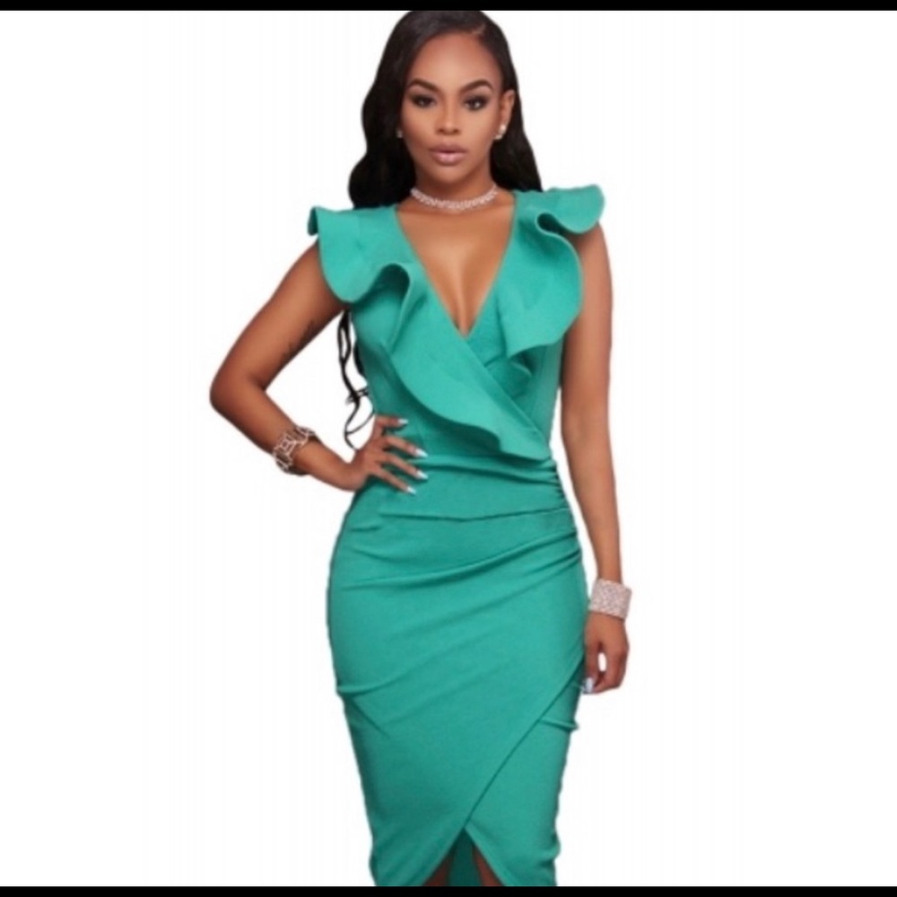 Turquoise ruffle midi bodycon dress
